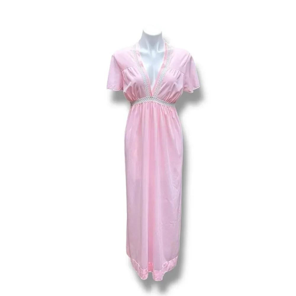 Vintage Rutledge Nightgown Pink Deep V Maxi Coquette Flutter Sleeves Womens Sz L - Picture 13 of 13